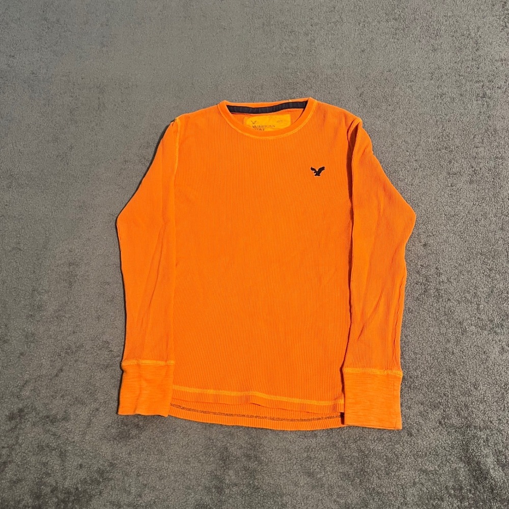 Vintage Y2K American Eagle Orange Waffle Knit Thermal Long Sleeve Shirt Small